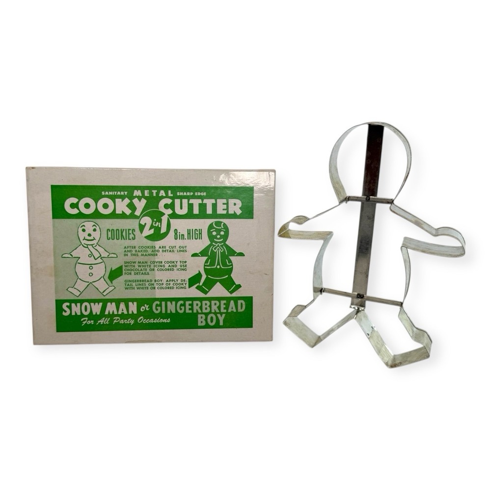 Vintage 2-in-1 Metal Cooky Cutter Snowman Gingerbread Boy‎ 8" Holiday Cookie Box